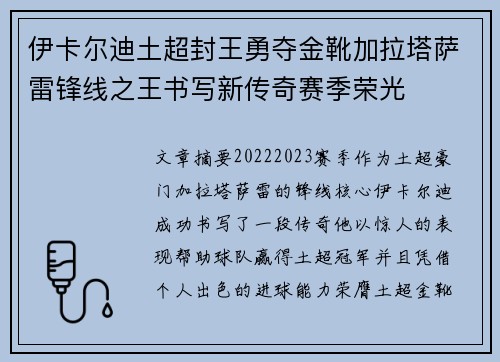伊卡尔迪土超封王勇夺金靴加拉塔萨雷锋线之王书写新传奇赛季荣光
